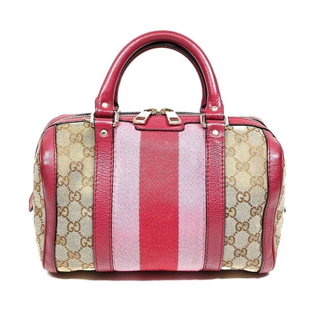 Gucci Vtg GG Beige Supreme Pink Red Web & Leather Joy Boston Tote Bag Auth Small